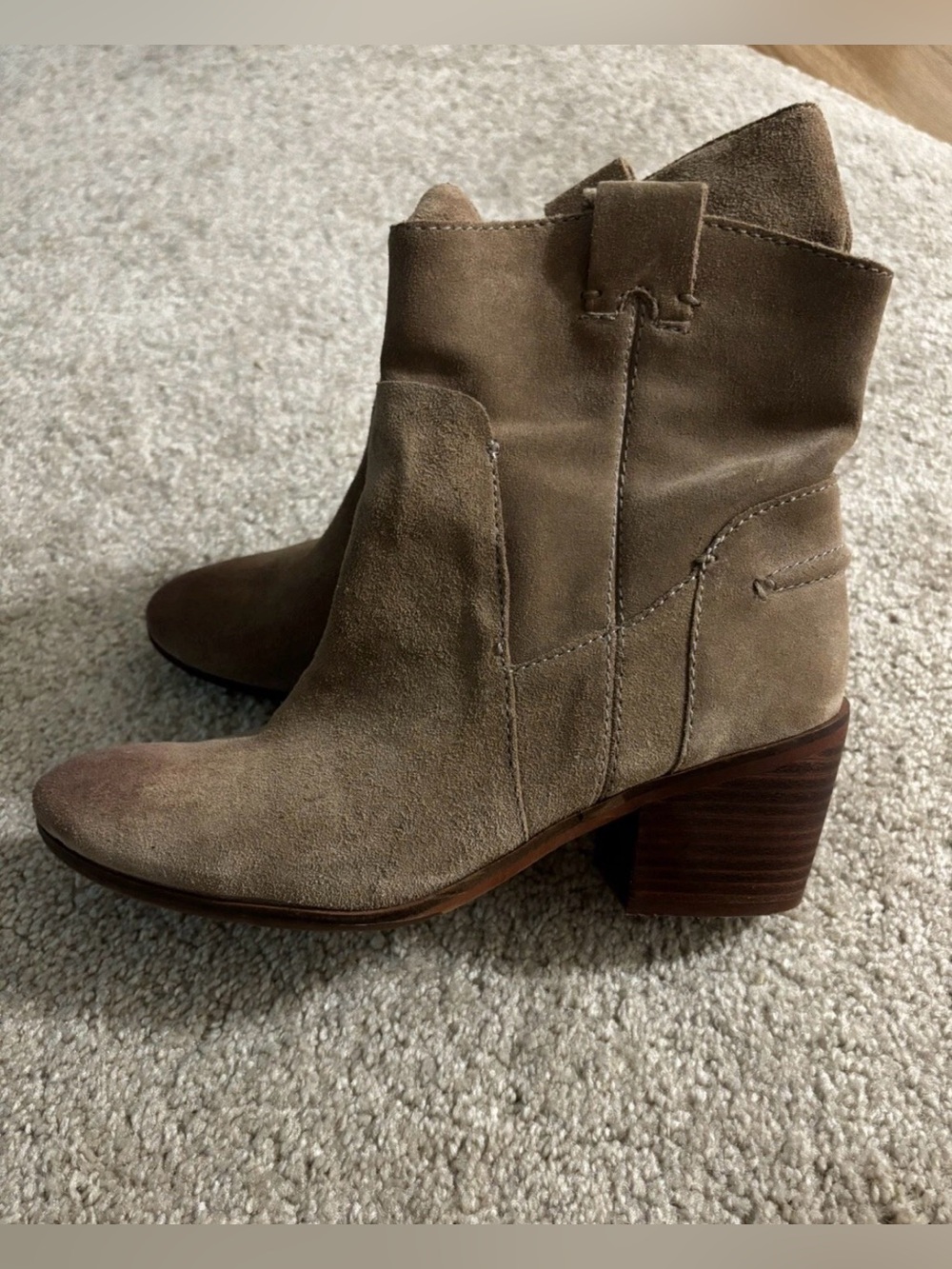 Vince Camuto Taupe Suede Ankle Booties with Stacked Heel